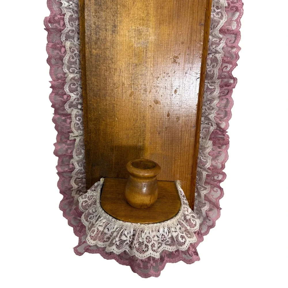 Vintage Handmade Wood Wall Sconce Pink White Ruffled Lace Candle Holder 15x5